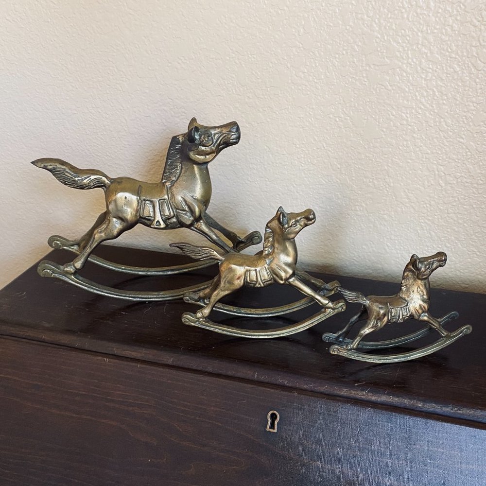 Trio Of Vintage Mid Century Solid Brass Rocking Horses Holiday Decor - Picture 1 of 15